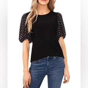 CeCe puffed sleeve Black Mixed Media Top, Size Medium